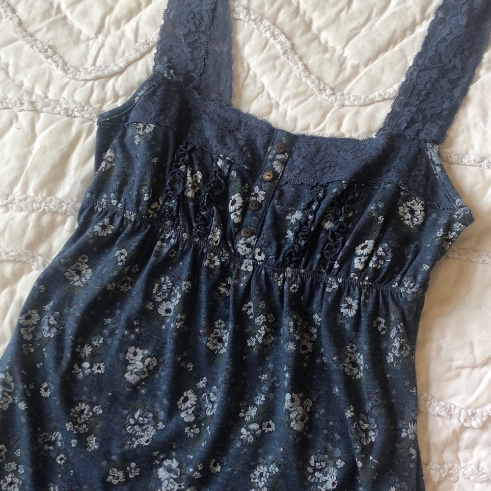 Blue Floral Tank with Ruffle and Lace Details